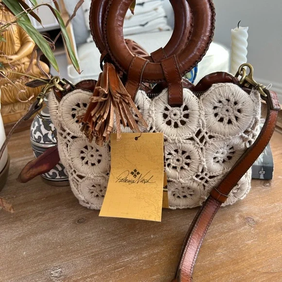 Patricia Nash Cream Crochet Bag with Brown Leather Accents - Picture 3 of 5